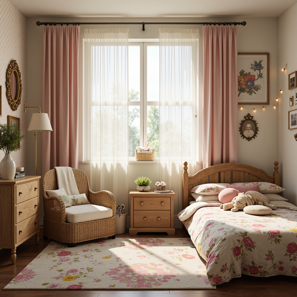 Prompt: Whimsical kids' bedroom, soft pastel colors, delicate floral patterns, fairy lights, stuffed animals, colorful rugs, plush toys, wooden furniture, intricate carvings, ornate mirrors, vintage decorative frames, textured wallpaper, cozy reading nook, floor-to-ceiling curtains, sheer fabrics, natural light pouring in, warm beige tones, playful polka dots, creative storage solutions, themed wall art, personalized decor, cheerful atmosphere, softbox lighting, 1/2 composition, inviting textures.