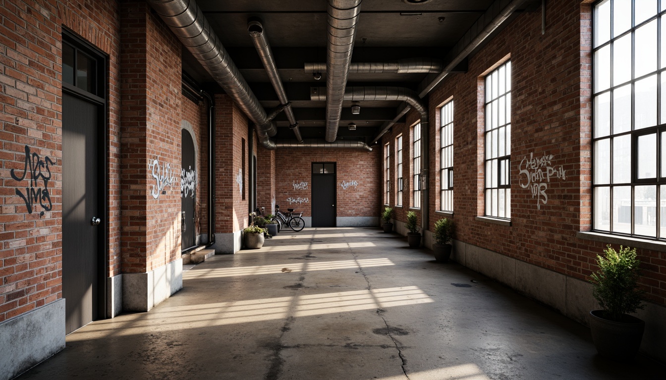 Prompt: Exposed brick walls, distressed concrete finishes, metallic accents, urban graffiti, reclaimed wood planks, industrial-chic pipes, vintage factory windows, moody lighting, atmospheric shadows, 3/4 composition, shallow depth of field, panoramic view, realistic textures, ambient occlusion.