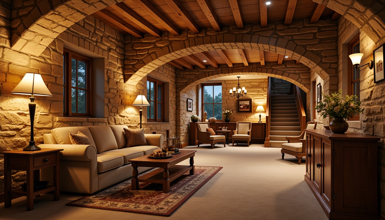 Prompt: Cozy basement, traditional interior, warm earthy tones, wooden accents, stone walls, rustic charm, soft warm lighting, table lamps, floor lamps, pendant lights, metal lanterns, ornate chandeliers, recessed lighting, subtle shadows, ambient glow, warm beige colors, natural textiles, plush carpets, comfortable seating areas, intimate atmosphere, classic furniture pieces, vintage decor items, wooden paneling, brick archways, warm inviting spaces, dramatic staircases, rich wood tones, soft cream colors.