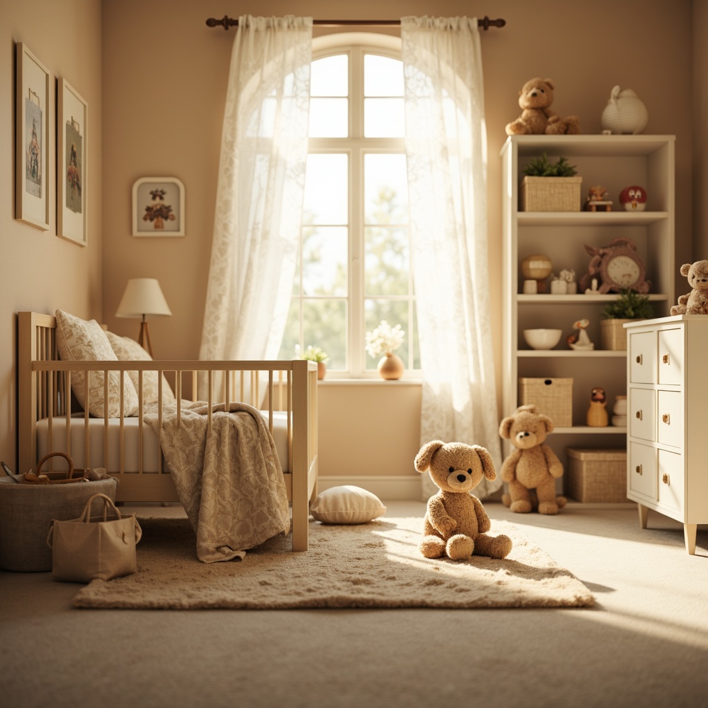 Prompt: Soft warm lighting, gentle glow, warm beige walls, plush carpeting, crib with delicate lace curtains, toy-filled shelves, baby block-patterned bedding, creamy white furniture, rounded edges, pastel color palette, calming atmosphere, morning sunlight, sheer window treatments, subtle texture overlays, shallow depth of field, 1/1 composition, intimate close-up shots, realistic fabric rendering.