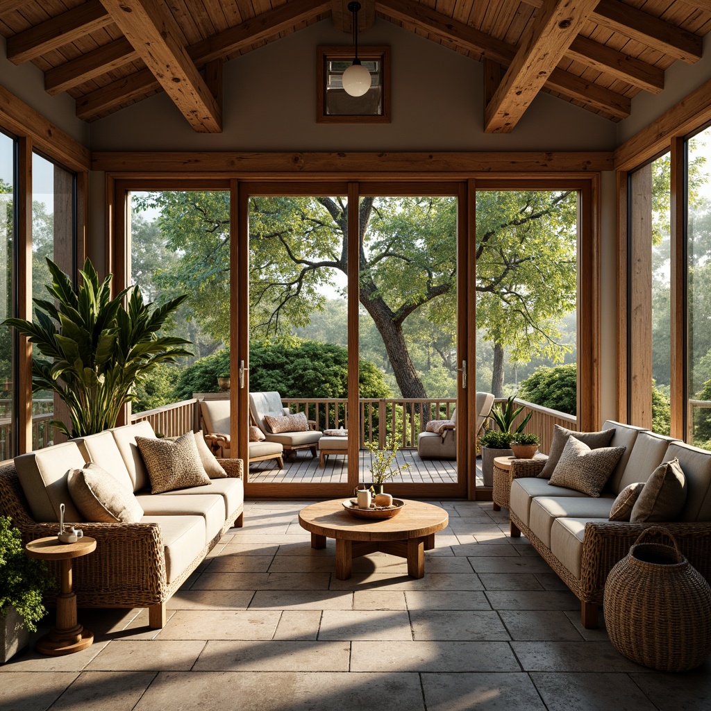 Prompt: Rustic sunroom, natural stone flooring, reclaimed wood planks, distressed wooden beams, earthy color palette, warm ambient lighting, cozy furniture arrangement, lush greenery views, sliding glass doors, panoramic windows, nature-inspired textiles, woven baskets, vintage decorative accents, soft warm glow, 3/4 composition, realistic textures, ambient occlusion.