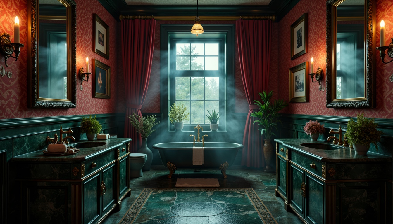 Prompt: Dark mysterious ambiance, gothic bathroom, rich jewel-toned walls, emerald green marble countertops, ornate golden fixtures, intricate black metalwork, dimly lit atmosphere, mysterious shadows, luxurious velvet drapes, mysterious crimson red accents, ancient stone flooring, mystical foggy mirrors, eerie candlelit ambiance, warm atmospheric lighting, 1/2 composition, shallow depth of field, dramatic high contrast.