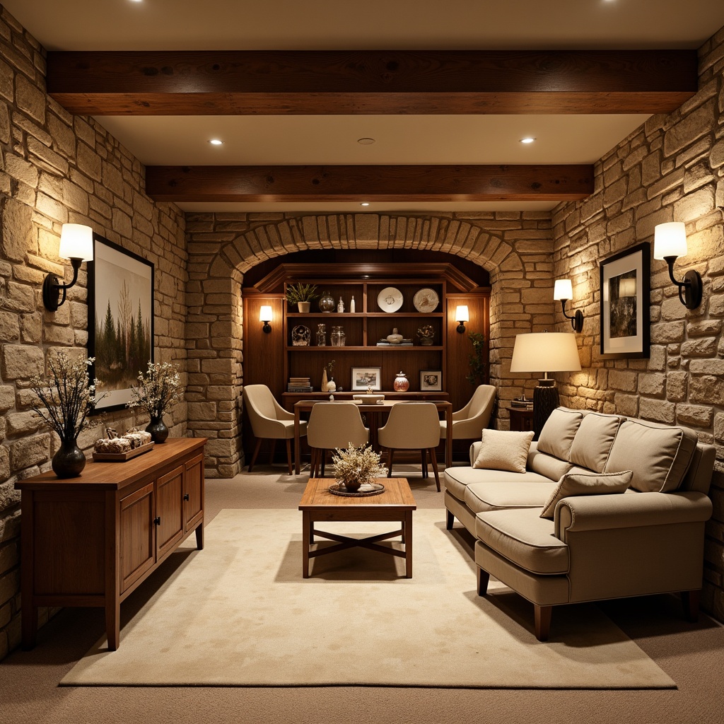 Prompt: Cozy basement, traditional stone walls, earthy tone treatments, rustic wooden accents, warm ambient lighting, soft beige carpeting, plush velvet furnishings, ornate metal fixtures, distressed wood paneling, natural brick archways, vintage decor items, rich wood cabinetry, comfortable seating areas, warm neutral color palette, soft focus photography, 1/2 composition, realistic textures, subtle grain effect.