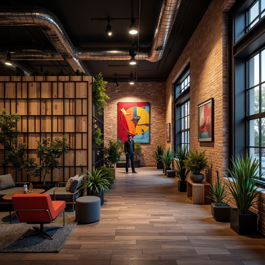 Prompt: Exposed brick walls, distressed concrete finishes, industrial chic metal grids, reclaimed wood planks, urban loft atmosphere, modern minimalist decor, edgy artistic vibe, abstract geometric patterns, bold colorful accents, sleek LED lighting, dramatic shadow effects, 3/4 composition, low-angle shot, gritty textures, realistic ambient occlusion.