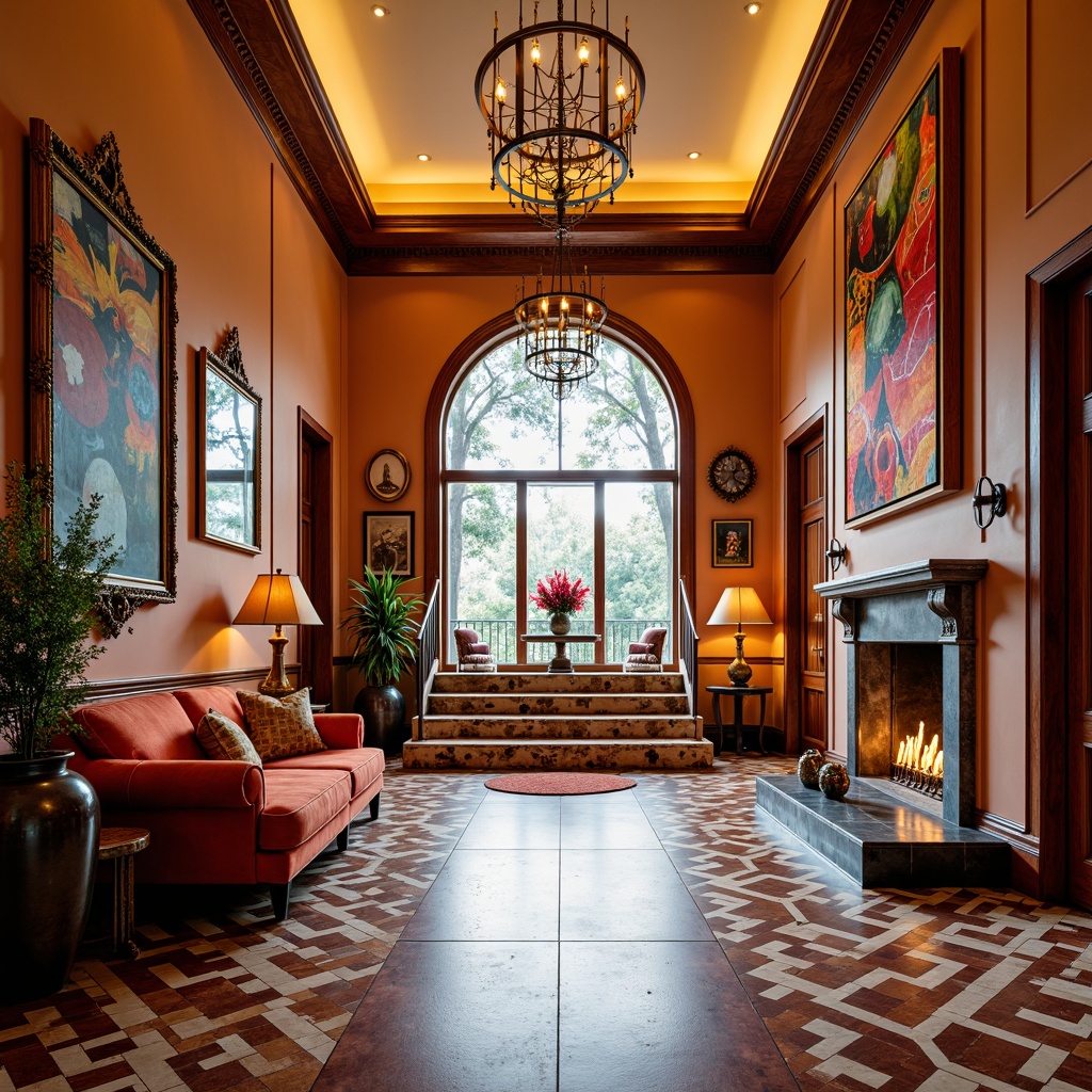 Prompt: Vibrant entryway, bold geometric patterns, bright warm lighting, eclectic furniture pieces, abstract artwork, expressive color palette, ornate mirrors, luxurious textiles, metallic accents, statement chandeliers, dramatic archways, grand staircases, lavish materials, opulent decorations, maximalist design, 1/1 composition, shallow depth of field, soft focus effect, realistic reflections.