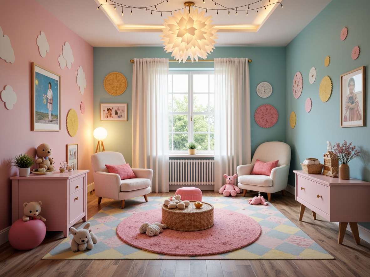 Prompt: Whimsical kid's room, soft pastel colors, playful furniture, fun patterned rugs, colorful wall decals, cute stuffed animals, sweet treats, delightful ceiling fixture, fancy chandelier, sparkly string lights, LED cloud light, crescent moon lamp, starry night sky effect, warm cozy glow, gentle ambiance, 1/2 composition, shallow depth of field, realistic textures.