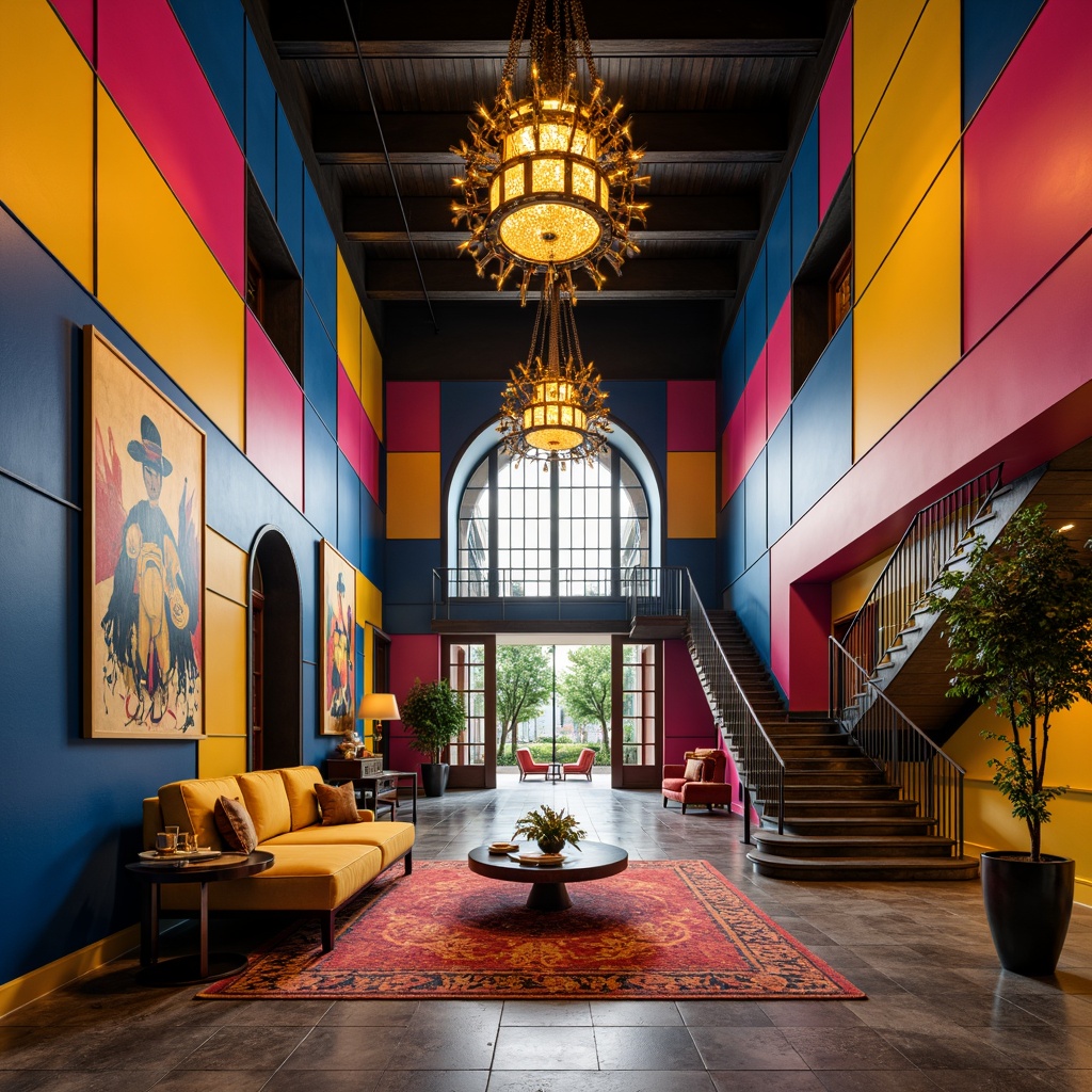 Prompt: Vibrant entryway, bold geometric shapes, expressive color blocking, eclectic furniture pieces, oversized artwork, dynamic lighting fixtures, ornate metalwork, luxurious textiles, plush rugs, statement walls, abstract patterns, futuristic chandeliers, dramatic archways, grandiose staircases, avant-garde decorative accents, high-contrast photography, shallow depth of field, 1/1 composition, moody warm lighting.