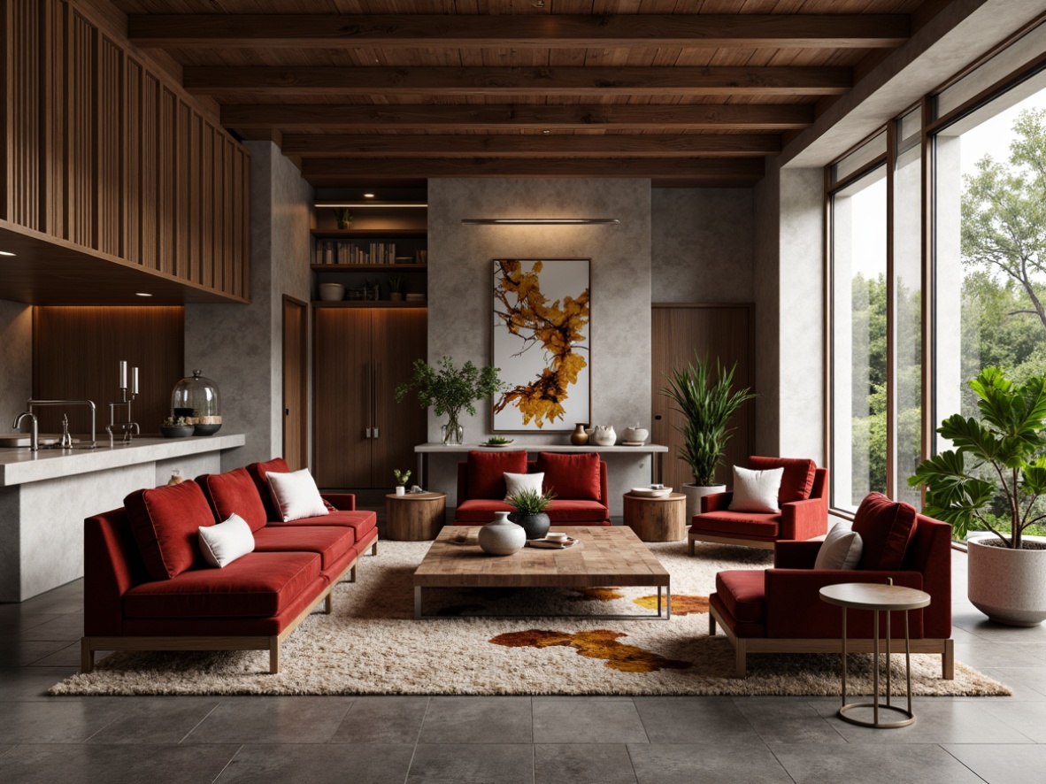 Prompt: Luxurious living room, rich velvet fabrics, smooth marble countertops, rough-hewn wooden accents, metallic sheen lighting fixtures, soft plush area rugs, distressed leather armchairs, natural stone walls, bold geometric patterns, contrasting textures, warm ambient lighting, shallow depth of field, 1/1 composition, realistic material renderings, atmospheric fog effects.