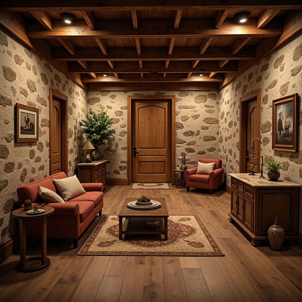 Prompt: Cozy basement, traditional style, warm ambiance, rustic wooden flooring, distressed finishes, natural stone walls, earthy color palette, comfortable seating areas, classic furniture pieces, vintage decor accents, soft warm lighting, shallow depth of field, 1/1 composition, realistic textures, ambient occlusion.