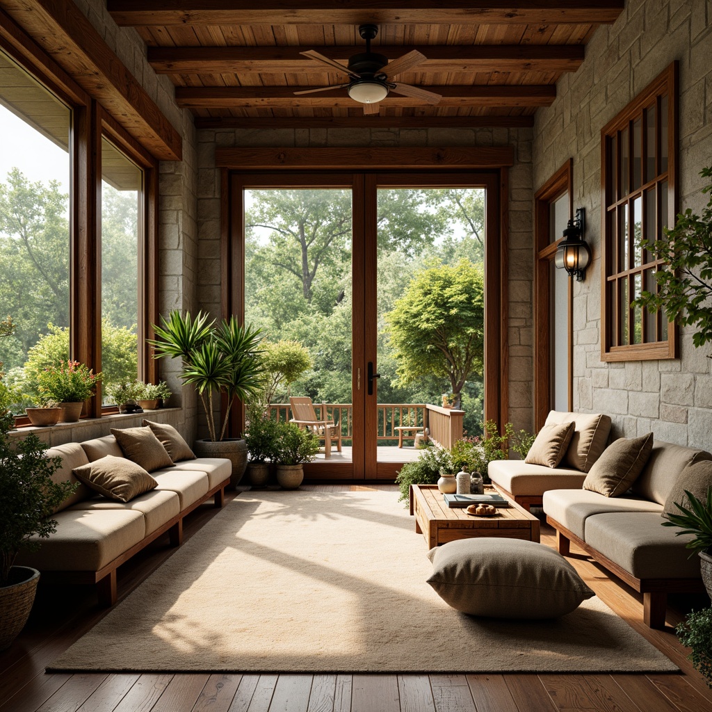 Prompt: Rustic sunroom, reclaimed wooden planks, distressed finishes, natural stone walls, earthy color palette, warm cozy atmosphere, large windows, sliding glass doors, verdant outdoor views, lush greenery, blooming flowers, soft warm lighting, shallow depth of field, 3/4 composition, realistic textures, ambient occlusion.