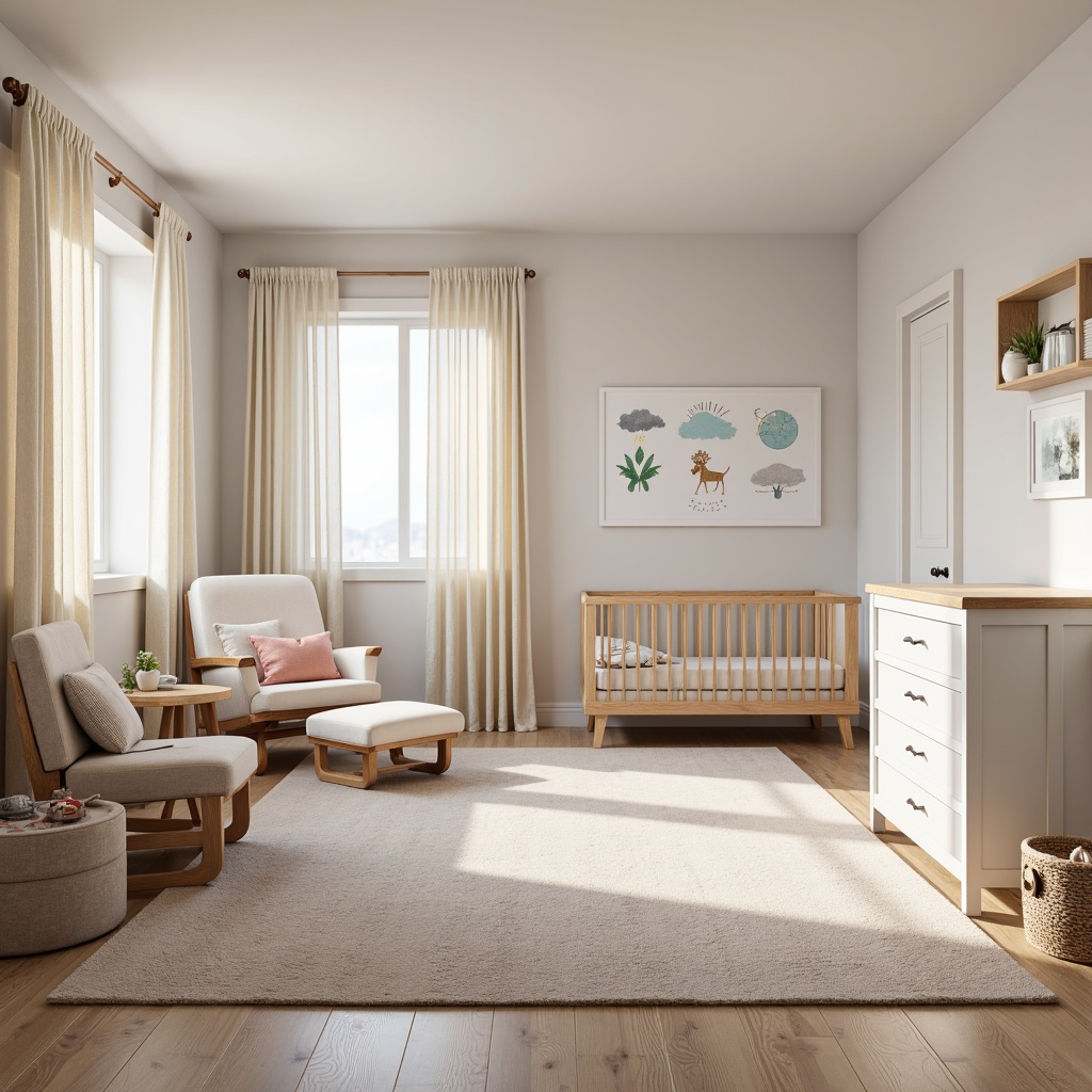 Prompt: Modern baby room, soft pastel colors, minimalist decor, plush carpeting, comfortable glider chair, natural wood crib, white lacquer furniture, rounded edges, safety gates, storage ottoman, changing station, diaper caddy, nursery rhyme wall art, warm LED lighting, cozy reading nook, 1/1 composition, shallow depth of field, soft focus, calming atmosphere.