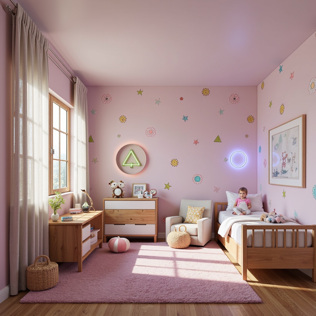 Prompt: Whimsical kids' room, soft pastel colors, playful polka dots, adorable cartoon characters, cute animal shapes, sweet fairy lights, colorful LED strips, funky neon signs, modern minimalist furniture, sleek low-profile beds, cozy plush carpets, vibrant wall decals, fun geometric patterns, creative DIY decorations, youthful energetic atmosphere, warm gentle lighting, shallow depth of field, 1/1 composition, realistic textures.