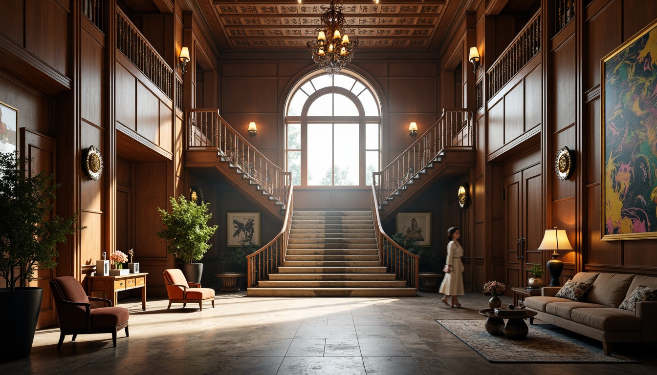 Prompt: Dramatic entryway, high ceilings, grand chandelier, sweeping staircase, ornate metalwork, luxurious furnishings, rich wood tones, marble floors, vibrant colorful artwork, eclectic decorative pieces, natural light pouring in, warm soft illumination, subtle shadows, atmospheric ambiance, shallow depth of field, 1/1 composition, realistic textures, ambient occlusion.