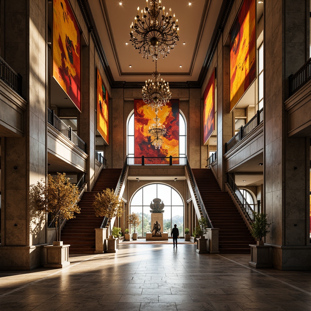 Prompt: Grand entrance hall, high ceilings, sweeping staircases, ornate chandeliers, marble floors, luxurious textiles, vibrant color schemes, expressionist artwork, abstract sculptures, dramatic shadows, soft natural light, warm ambiance, 1/1 composition, shallow depth of field, realistic textures, ambient occlusion.