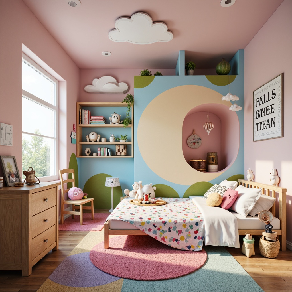 Prompt: Whimsical kids' bedroom, pastel colors, playful patterns, sturdy wooden furniture, soft cushions, colorful rugs, fantasy-inspired decorations, interactive play areas, educational toys, cozy reading nooks, adjustable shelving units, rounded edges, safe materials, vibrant textiles, fun lighting fixtures, cloud-shaped ceilings, imaginary landscapes, 1/2 composition, warm tone lighting, shallow depth of field.