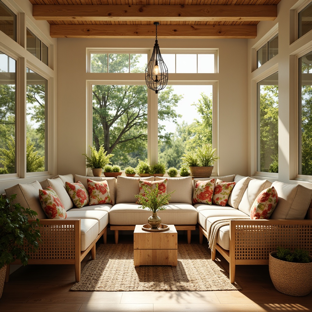 Prompt: Cozy sunroom, warm beige walls, soft cream furniture, lush greenery, natural wood accents, rattan chairs, plush throw pillows, vibrant flower patterns, bright sunny day, gentle warm lighting, shallow depth of field, 1/1 composition, intimate atmosphere, realistic textures, ambient occlusion.