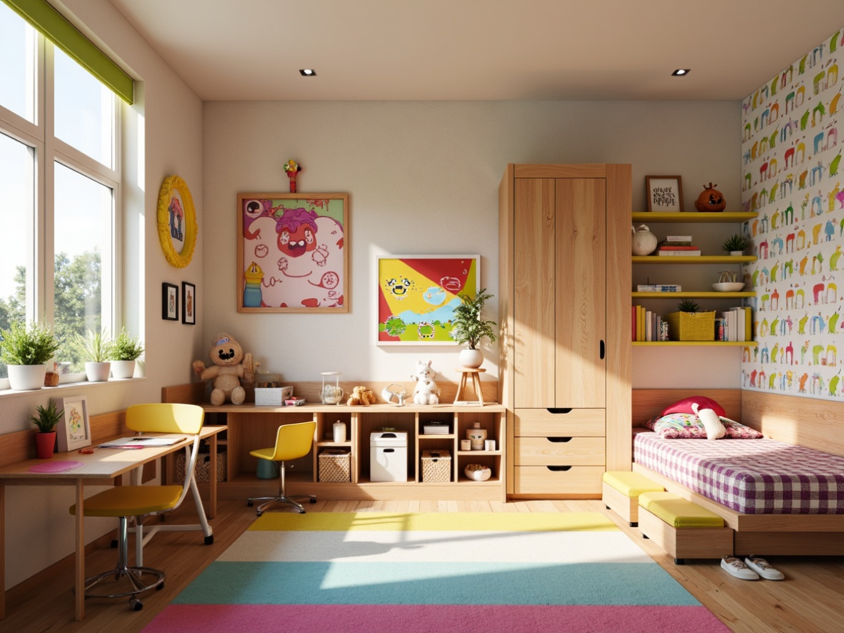 Prompt: Vibrant kids' bedroom, playful furniture design, bright colors, whimsical patterns, soft cushions, sturdy wooden frames, ergonomic shapes, adjustable desks, cozy reading nooks, built-in storage units, interactive wall decals, educational toys, fun lighting fixtures, pastel-colored rugs, lively wallpaper designs, compact shelving systems, safety-first materials, rounded edges, gentle curves, youthful energy, warm afternoon light, shallow depth of field, 1/1 composition, detailed textures, realistic reflections.