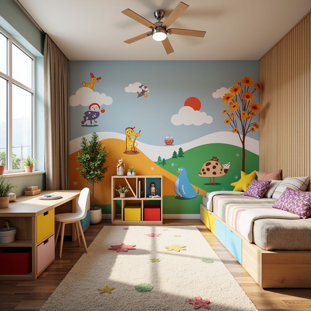 Prompt: Vibrant kids' bedroom, whimsical murals, playful wall decals, ergonomic study desks, colorful storage bins, soft plush carpets, modern minimalist beds, fun patterned bedding, kid-friendly lighting fixtures, interactive educational tools, 3D geometric shelves, pastel-colored walls, natural wood accents, cozy reading nooks, imaginative play areas, creative art stations, safety-conscious designs, durable eco-friendly materials, bright sunny day, soft warm lighting, shallow depth of field, 1/1 composition, realistic textures.