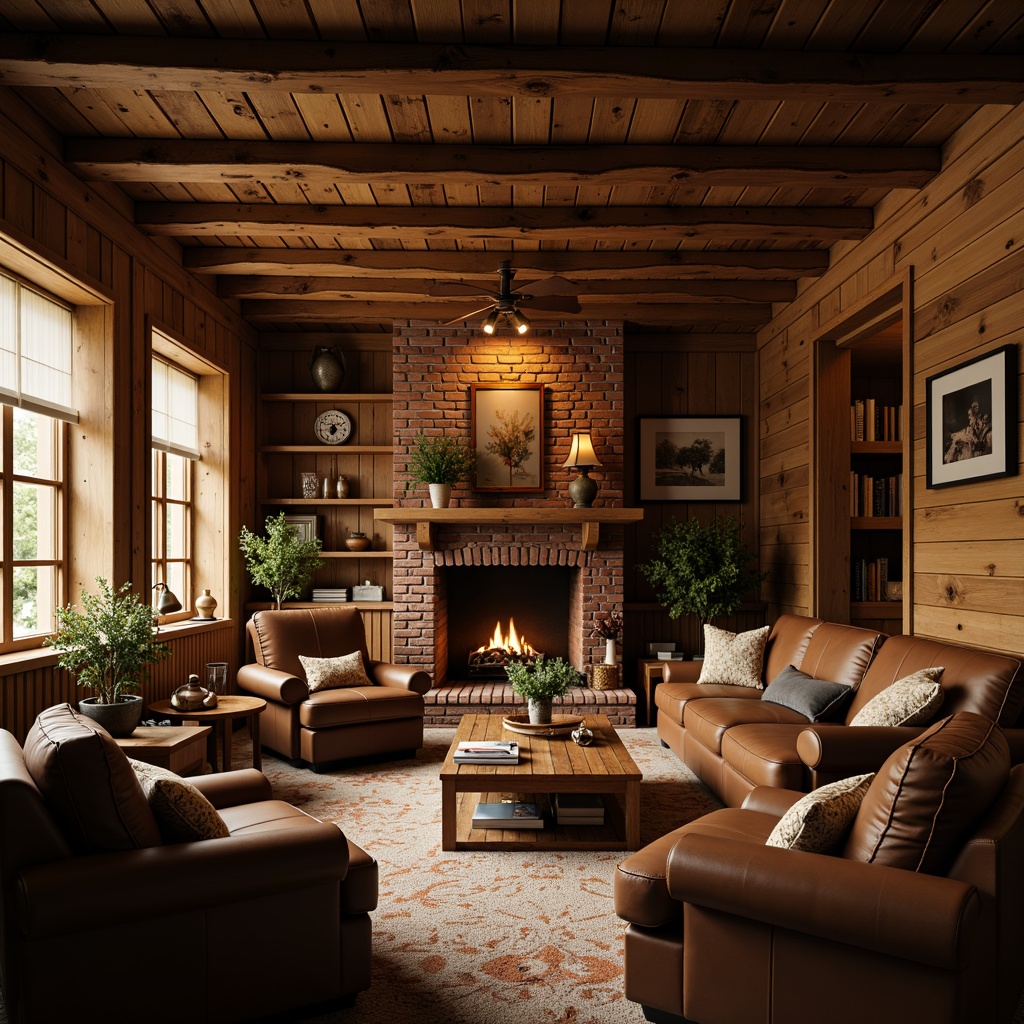 Prompt: Warm earthy tones, rustic brick walls, wooden accents, cozy fireplace, plush furnishings, rich brown leather sofas, soft cream carpets, vintage decorative items, traditional ornate moldings, warm golden lighting, intimate atmosphere, shallow depth of field, 1/2 composition, realistic textures, ambient occlusion, dimly lit spaces, nostalgic feel, classic timeless design.