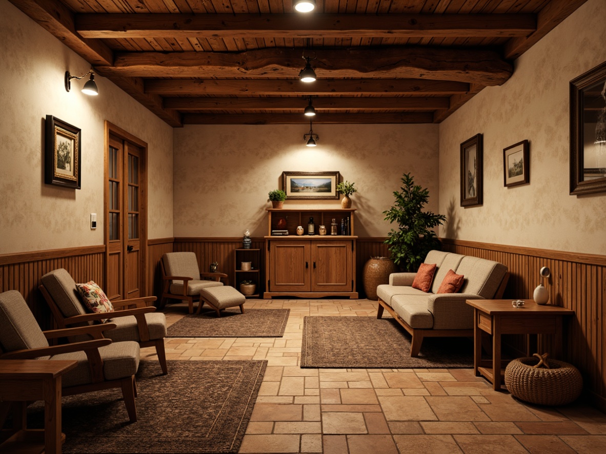 Prompt: Cozy basement, traditional rustic style, warm earthy tones, wooden accent walls, natural stone flooring, herringbone brick patterns, plush area rugs, comfortable seating areas, vintage decorative items, soft warm lighting, shallow depth of field, 1/1 composition, realistic textures, ambient occlusion, warm beige colors, distressed wood finishes, ornate metal fixtures, classic furniture pieces.