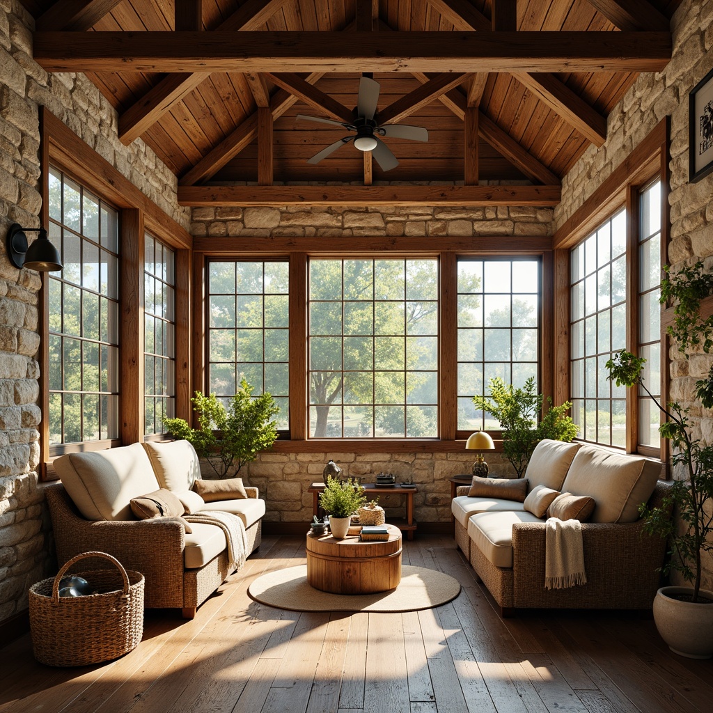 Prompt: Rustic sunroom, natural stone walls, reclaimed wood accents, earthy color palette, wooden beam ceiling, large windows, abundant sunlight, cozy seating area, plush throw blankets, woven baskets, vintage decorative items, distressed wood flooring, wide plank boards, rustic metal fixtures, soft warm lighting, shallow depth of field, 3/4 composition, panoramic view.