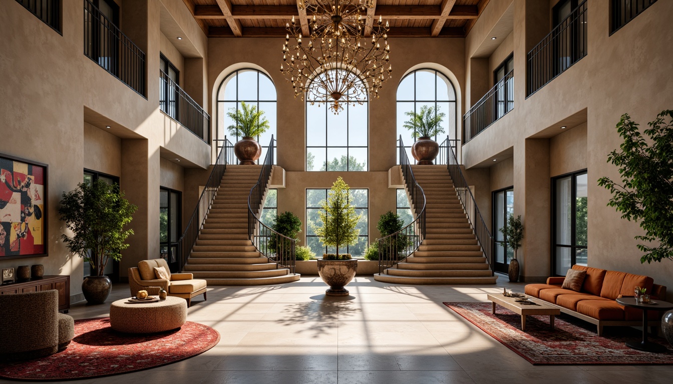 Prompt: Dramatic foyer, grand entrance, sweeping staircases, ornate chandeliers, high ceilings, large windows, transparent glass doors, natural light pouring in, warm ambient glow, soft shadows, luxurious materials, rich textures, bold color palette, eclectic furniture pieces, artistic decor, expressive sculptures, modern abstract art, vibrant patterned rugs, lush greenery, blooming flowers, cozy reading nooks, intimate seating areas, 1/2 composition, low-key lighting, subtle camera angles.