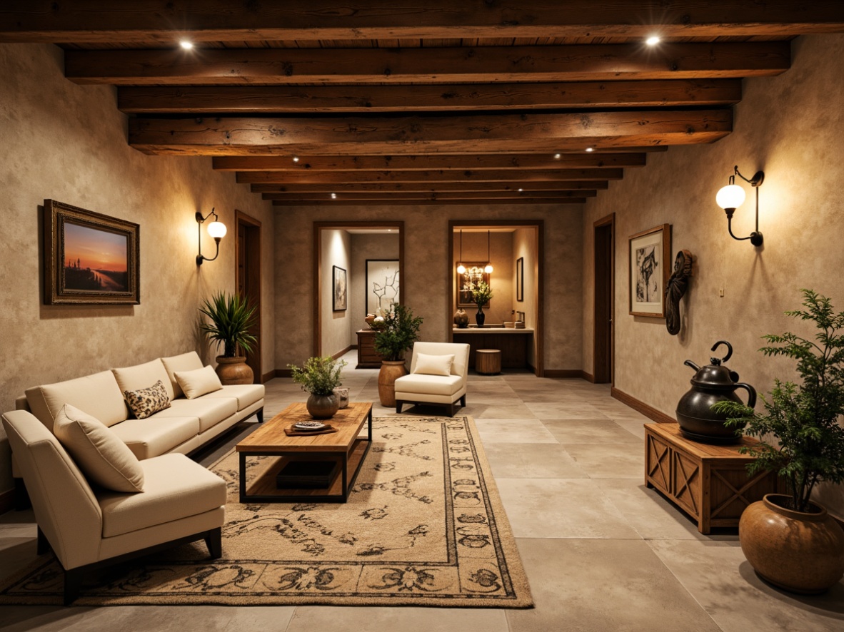 Prompt: Rustic basement, traditional style, earthy tones, warm beige walls, rich wood accents, cozy atmosphere, soft cream-colored furniture, vintage metal fixtures, distressed wooden crates, industrial-chic decor, exposed brick walls, natural stone flooring, warm golden lighting, shallow depth of field, 2/3 composition, realistic textures, ambient occlusion.