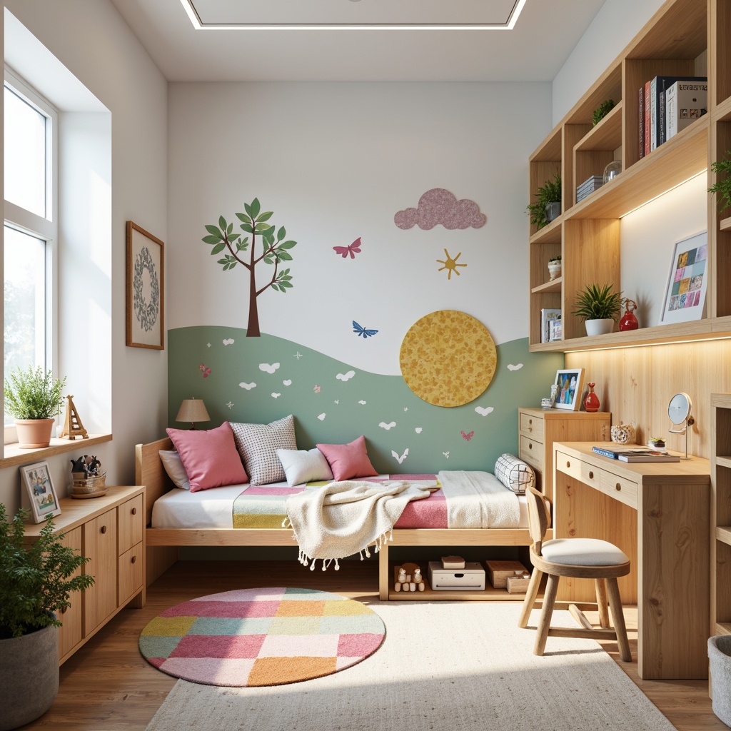 Prompt: Vibrant kids' bedroom, playful toy storage, colorful wall decals, whimsical bedding, sturdy wooden furniture, ergonomic desk chairs, soft pastel hues, natural wood accents, cozy reading nooks, plush area rugs, fun geometric patterns, interactive learning tools, adjustable shelving units, creative art displays, task lighting fixtures, minimalistic decor, Scandinavian-inspired design, eco-friendly materials, safety features, 3/4 composition, warm softbox lighting, realistic textures, ambient occlusion.