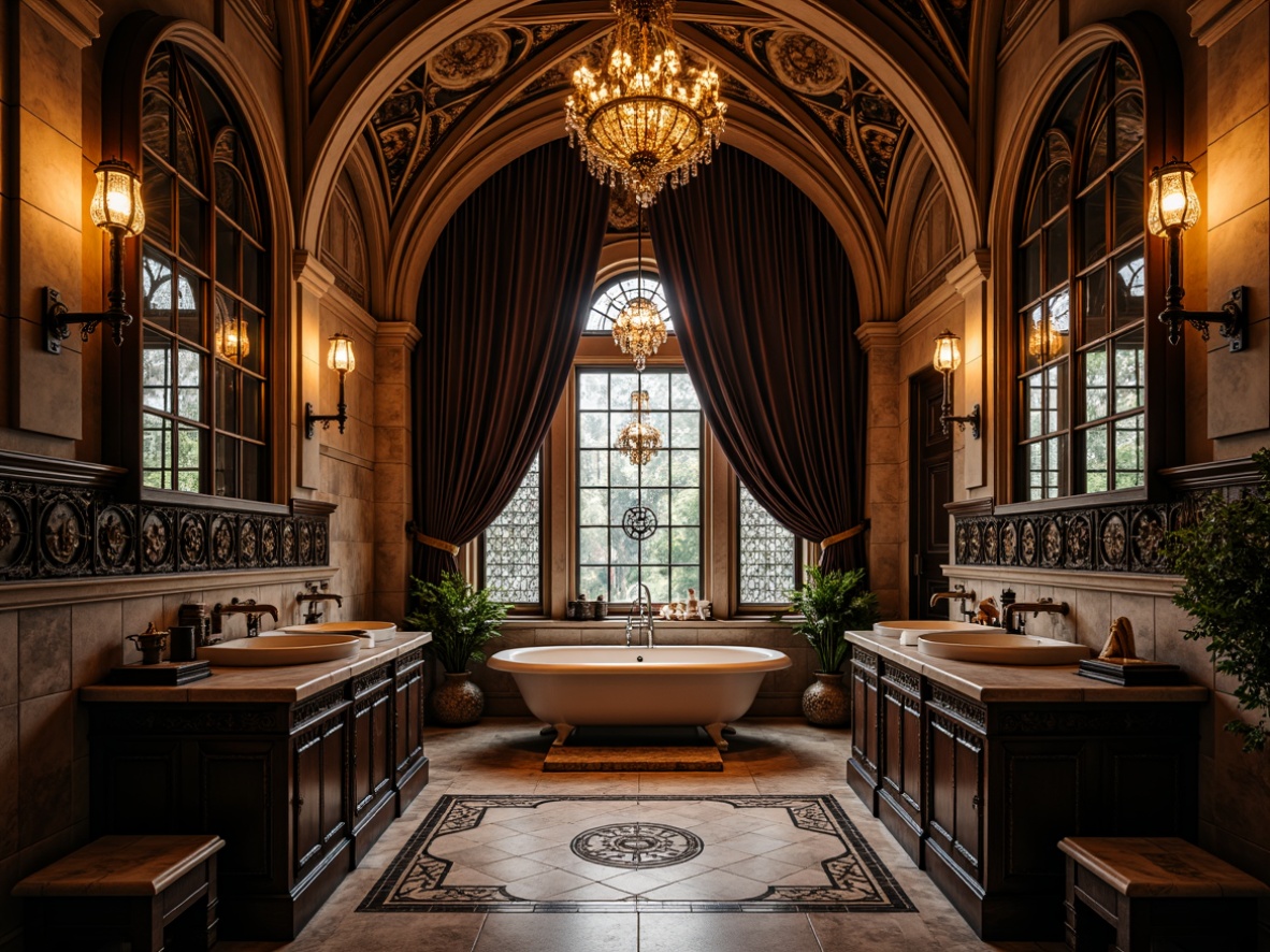 Prompt: Intricate Gothic arches, ornate tile patterns, dark mysterious ambiance, medieval-inspired bathroom fixtures, grandiose chandeliers, rich velvet drapes, somber stone walls, ornamental metalwork, mystical symbols, luxurious marble countertops, intricate mosaics, warm golden lighting, dramatic shadows, high-contrast color scheme, 1/2 composition, symmetrical framing, detailed textures, realistic reflections.