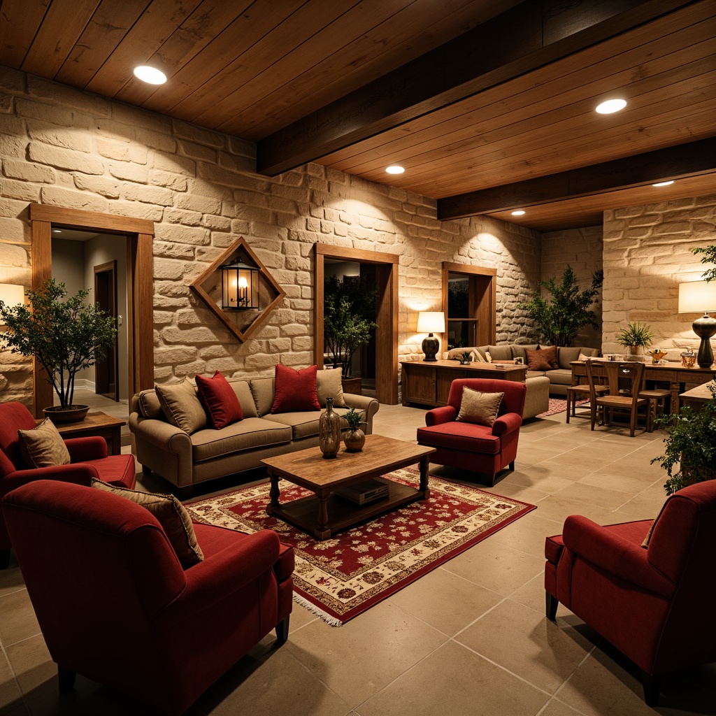 Prompt: Cozy basement, warm earthy tones, rustic wooden accents, vintage furniture pieces, plush armchairs, rich velvet upholstery, classic lantern-style lighting, natural stone walls, distressed wood floors, comfortable sectional sofas, ornate wooden coffee tables, decorative vases, traditional area rugs, soft warm ambiance, warm beige colors, inviting atmosphere, 1/1 composition, shallow depth of field, realistic textures.