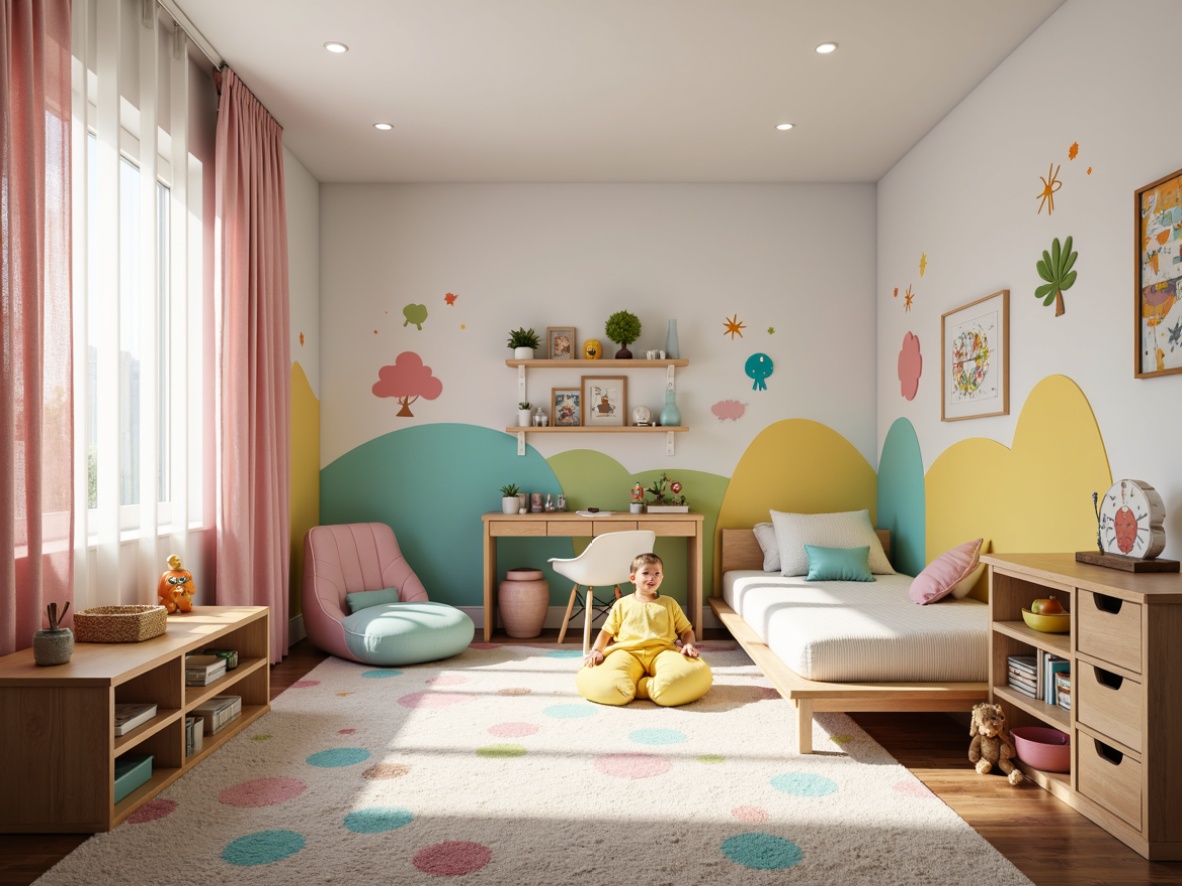 Prompt: Whimsical kids' bedroom, bright pastel colors, playful polka dots, soft plush carpets, cozy reading nooks, minimalist wooden desks, colorful storage bins, fun-shaped shelves, comfy bean bags, interactive wall decals, educational murals, modern LED lighting, rounded safety edges, ergonomic kid-sized chairs, vibrant textile patterns, 3D geometric shapes, shallow depth of field, warm natural light, 2/3 composition, playful textures, ambient occlusion.