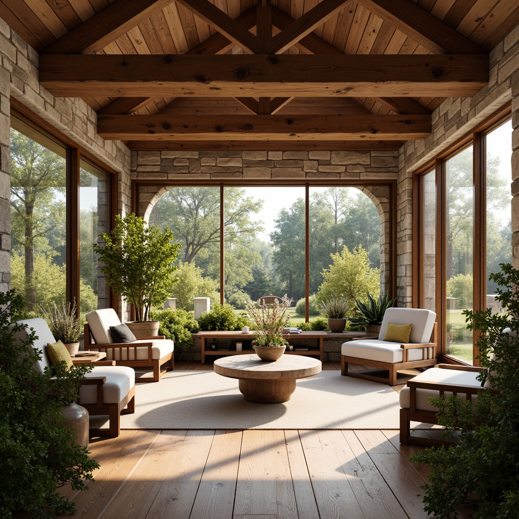 Prompt: Cozy rustic sunroom, wooden beam ceilings, stone walls, large windows, sliding glass doors, natural wood flooring, earthy color palette, lush greenery, blooming plants, warm sunny day, soft diffused lighting, shallow depth of field, 3/4 composition, panoramic view, realistic textures, ambient occlusion.