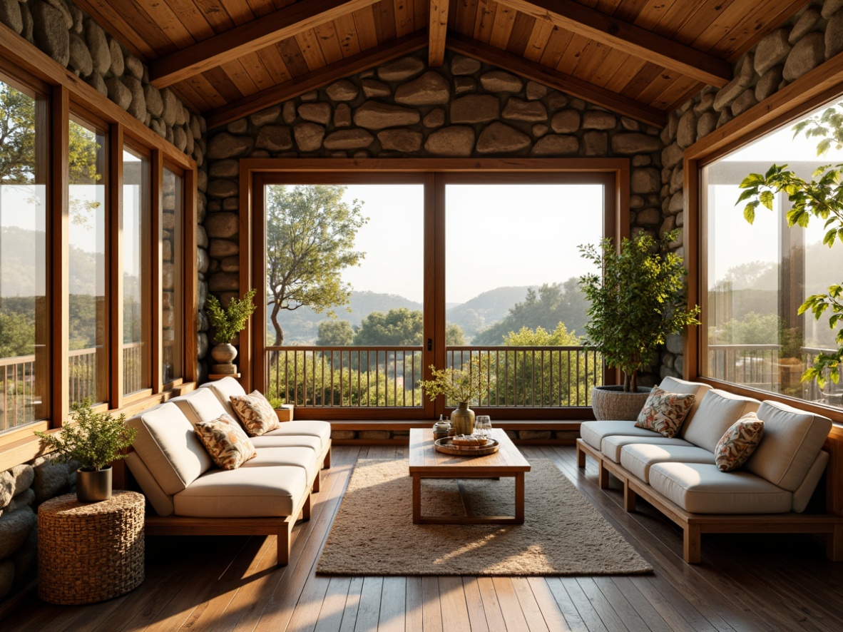 Prompt: Cozy sunroom, wooden accents, natural stone walls, earthy tones, warm lighting, rustic charm, reclaimed wood floors, distressed finishes, rough-hewn textures, organic patterns, woven rugs, rattan furniture, botanical prints, soft greenery, nature-inspired decor, large windows, sliding glass doors, panoramic views, morning sunlight, warm afternoon glow, soft shadows, 3/4 composition, realistic textures.