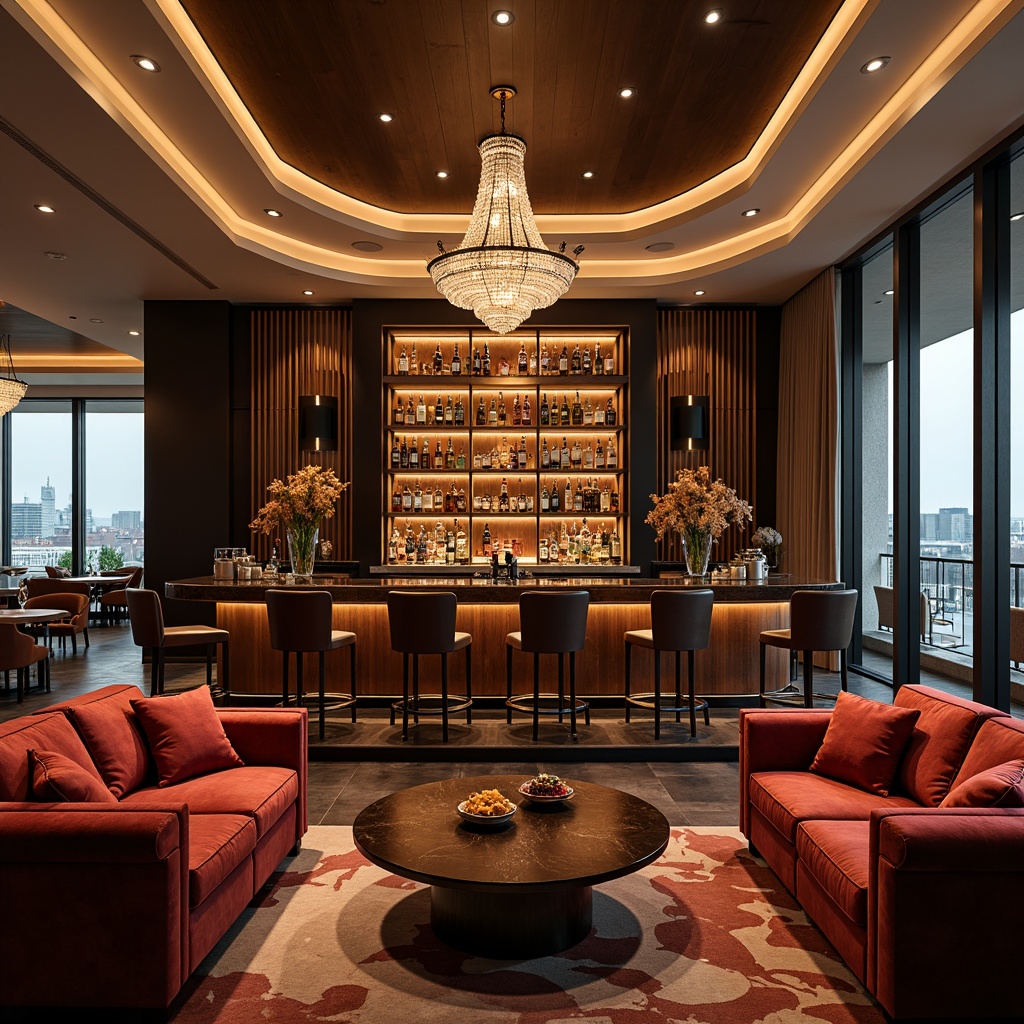 Prompt: Elegant home bar, luxurious velvet sofas, rich wood accents, metallic finishes, dimmable LED lights, warm ambient glow, pendant lamps, crystal chandeliers, floor-to-ceiling windows, natural daylight, soft warm lighting, shallow depth of field, 1/1 composition, realistic textures, ambient occlusion.