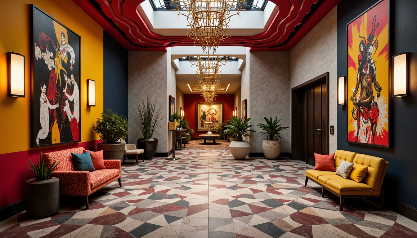 Prompt: Vibrant entrance hall, bold color blocking, expressive brushstrokes, abstract sculptures, futuristic lighting fixtures, undulating ceilings, wavy patterns, ornate mirrors, luxurious fabrics, eclectic furniture pieces, avant-garde chandeliers, dynamic shapes, abstract expressionist paintings, intense emotional colors, dramatic shadows, low-key lighting, cinematic composition, high contrast ratios, atmospheric depth of field, impressionist textures, artistic freedom.