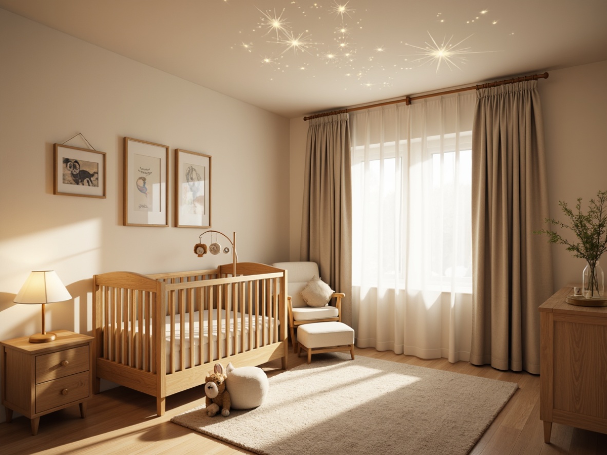 Prompt: Warm baby nursery, soft creamy walls, gentle wood accents, plush area rug, cozy crib, mobiles with soft toys, warm table lamp, floor-to-ceiling curtains, natural linen fabrics, subtle pastel colors, warm beige ceiling, gentle overhead lighting, LED string lights, starry night sky projection, warm glow, shallow depth of field, 1/1 composition, intimate atmosphere, realistic textures, ambient occlusion.