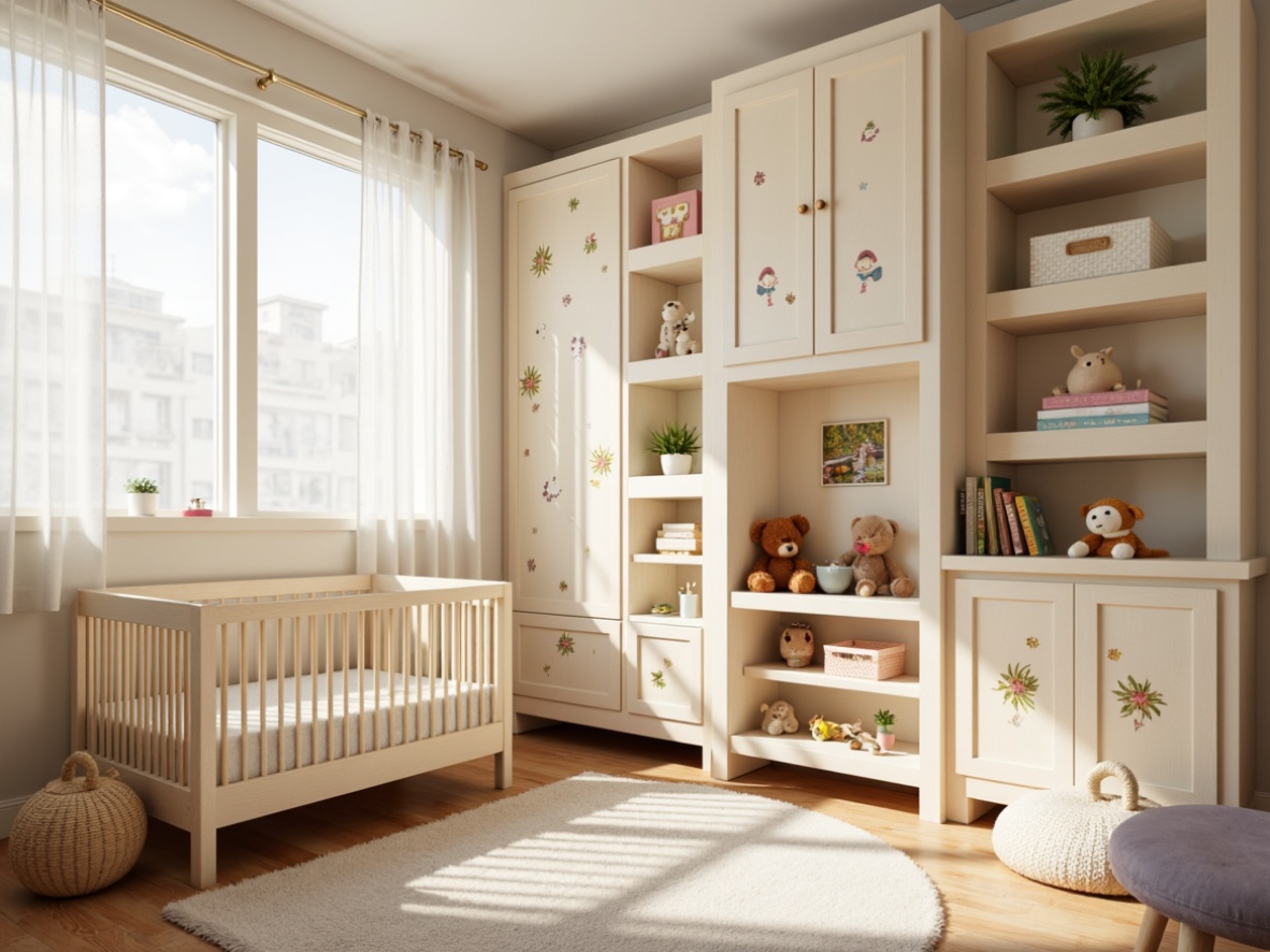 Prompt: Whimsical nursery, soft pastel colors, delicate florals, playful polka dots, gentle lighting, plush area rug, wooden crib, creamy white furniture, sweet character decals, colorful bookshelves, cozy reading nook, oversized stuffed animals, sheer curtains, warm beige walls, natural wood accents, minimalist decor, simple elegance, shallow depth of field, 1/2 composition, soft focus, gentle bokeh.