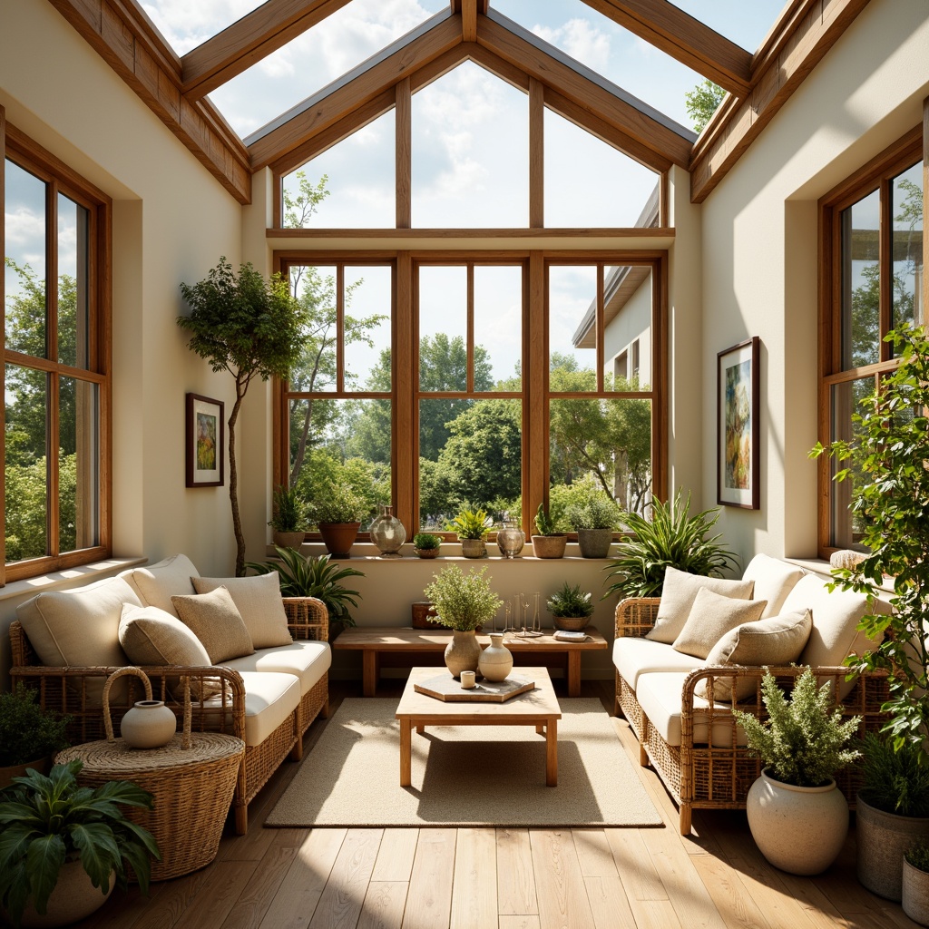 Prompt: Cozy sunroom, warm beige walls, soft cream-colored furniture, lush greenery, blooming flowers, natural wood accents, glass ceiling, sunny day, bright warm lighting, shallow depth of field, 1/1 composition, panoramic view, realistic textures, ambient occlusion, inviting atmosphere, comfortable seating area, plush throw pillows, woven wicker baskets, earthy tone ceramics.