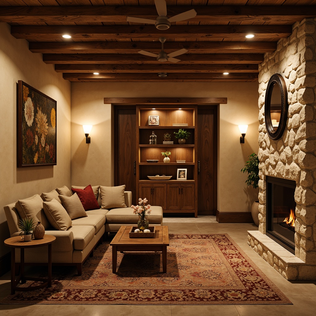 Prompt: Cozy basement, traditional rustic style, warm beige walls, earthy tone treatments, natural stone accents, wooden beam ceilings, vintage lighting fixtures, plush area rugs, comfortable sofas, wooden coffee tables, decorative vases, rich wood paneling, ornate mirrors, soft warm lighting, shallow depth of field, 1/1 composition, realistic textures, ambient occlusion.