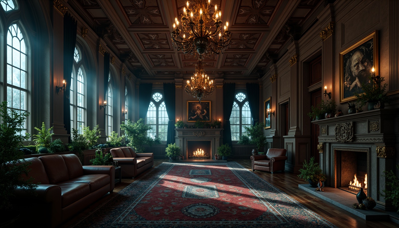 Prompt: Dark mysterious ambiance, rich ornate details, vaulted ceilings, grand chandeliers, lavish furnishings, luxurious materials, bold dramatic colors, deep red wine tones, mysterious indigo blues, eerie emerald greens, somber black accents, antique gold fixtures, ornate metalwork, intricate stonework, mystical candlelight, warm soft shadows, atmospheric misty effects, cinematic composition, high contrast lighting.