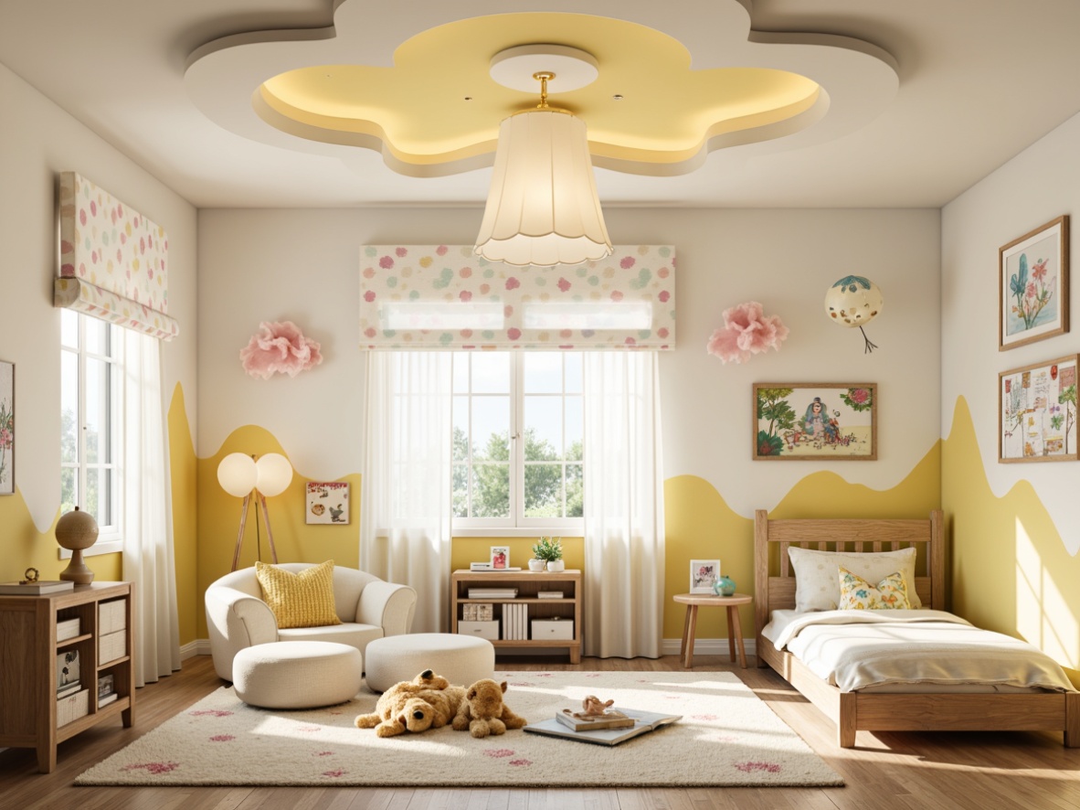 Prompt: Whimsical kids' room, soft pastel colors, playful polka dots, cloud-shaped ceiling fixtures, warm yellow lighting, cartoon-inspired lampshades, colorful fabric shades, whimsical mobiles, gentle ambient glow, cozy reading nooks, plush area rugs, wooden furniture, creamy white walls, delicate flower patterns, fairy tale illustrations, dreamy atmospheric effects, 1/1 composition, soft focus, natural textures, subtle shadows.