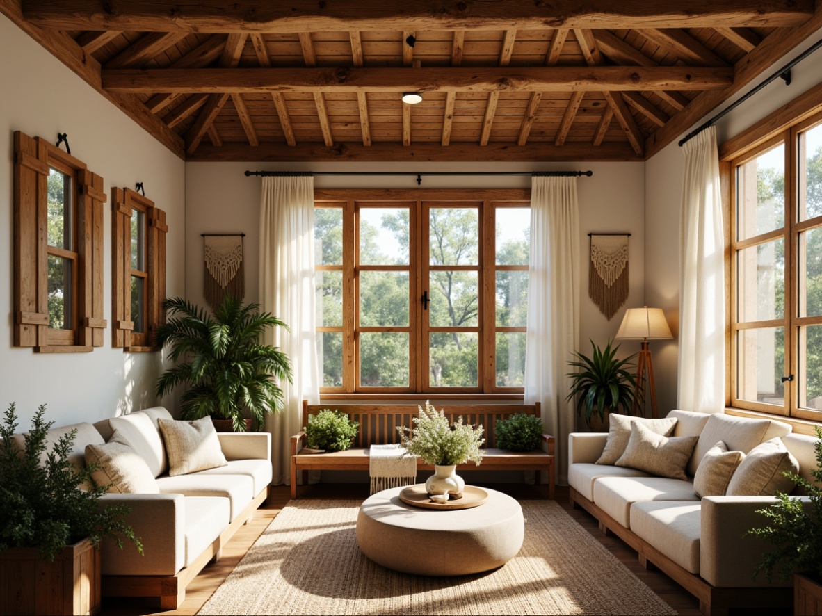 Prompt: Rustic sunroom, natural wood accents, earthy tones, plush furnishings, woven textiles, macrame wall hangings, botanical prints, reclaimed wooden shutters, linen drapes, billowy curtains, distressed metal hardware, warm golden lighting, soft diffused shadows, 1/2 composition, shallow depth of field, realistic wood textures, ambient occlusion.