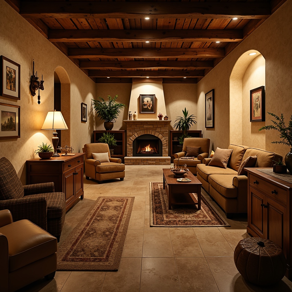 Prompt: Cozy basement, traditional architectural style, warm beige walls, rustic wooden beams, soft warm lighting, table lamps, floor lamps, pendant lights, candlelight, dimmable LED strips, recessed ceiling lights, classic furnishings, vintage decorations, rich wood tones, natural stone flooring, plush area rugs, comfortable seating areas, intimate ambiance, warm color palette, 1/1 composition, shallow depth of field, realistic textures, ambient occlusion.