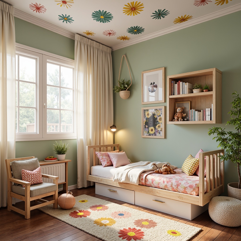 Prompt: Whimsical kids' bedroom, soft pastel colors, delicate flower patterns, plush toys, vibrant wall art, colorful rug, wooden furniture, natural textiles, cozy reading nook, floor-to-ceiling bookshelves, playful string lights, fantastical ceiling murals, creamy white curtains, gentle warm lighting, shallow depth of field, 1/2 composition, intimate atmosphere, realistic textures, ambient occlusion.