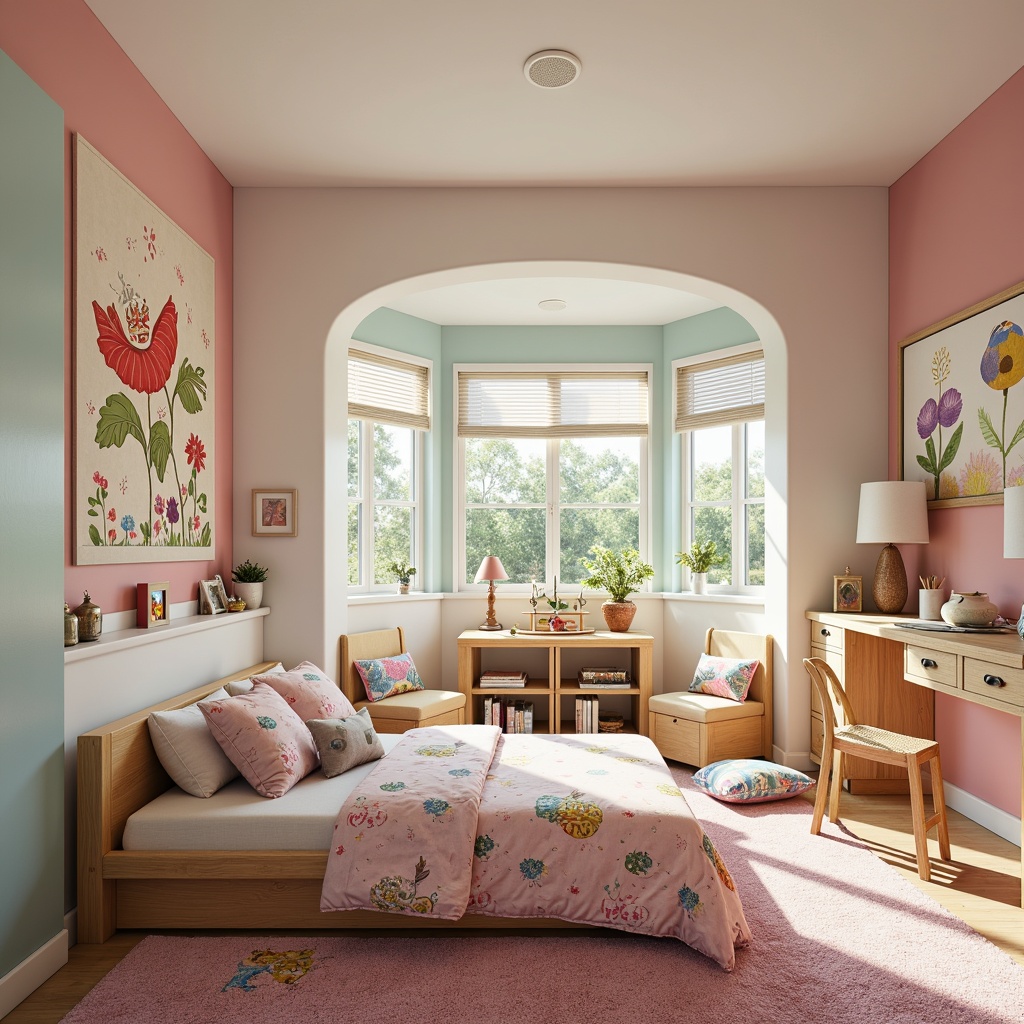 Prompt: Whimsical kid's bedroom, playful color palette, soft pastel hues, curved lines, rounded shapes, cozy reading nooks, plush carpets, vibrant wall art, fun patterned bedding, modern minimalist furniture, compact storage solutions, eco-friendly materials, sustainable production methods, ergonomic design, adjustable desks, colorful task lamps, natural wood accents, cheerful decorative accessories, lively textiles, interactive play areas, built-in bookshelves, imaginative theme-based designs, 3D visual effects, warm soft lighting, shallow depth of field, panoramic view.