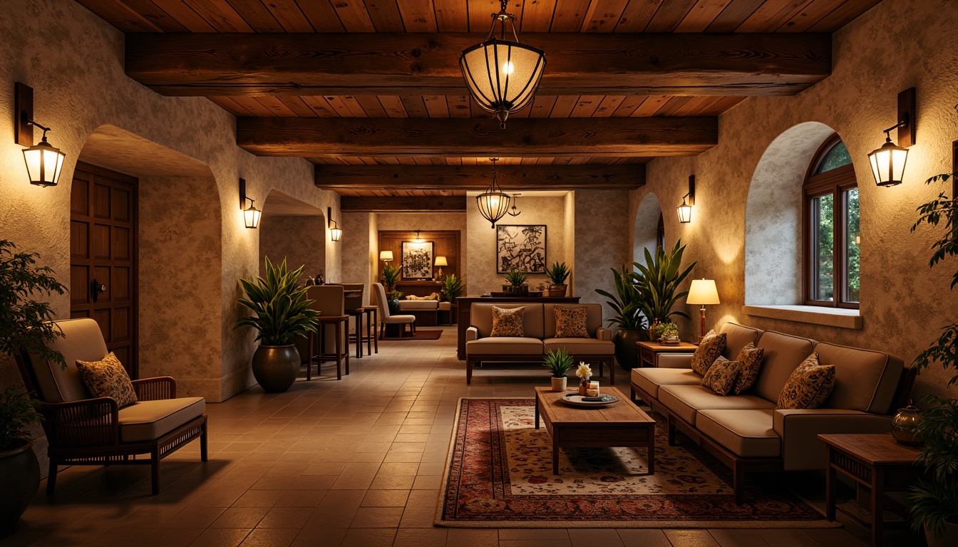 Prompt: Cozy basement, traditional decor, warm wooden accents, dimmable table lamps, pendant lights, rustic metal chandeliers, soft warm glow, recessed ceiling lighting, ambient floor lamps, natural stone walls, classic brick arches, comfortable seating areas, rich wood paneling, warm beige colors, intimate atmosphere, dramatic shadows, 1/1 composition, shallow depth of field, realistic textures, subtle color grading.