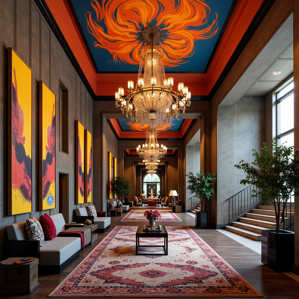 Prompt: Vibrant entryway, bold color schemes, eclectic furniture pieces, abstract artwork, ornate mirrors, lavish chandeliers, intricate patterns, textured rugs, luxurious fabrics, statement lighting fixtures, avant-garde decorative accents, artistic sculptures, dramatic archways, grand staircases, opulent materials, high-contrast lighting, cinematic composition, shallow depth of field.