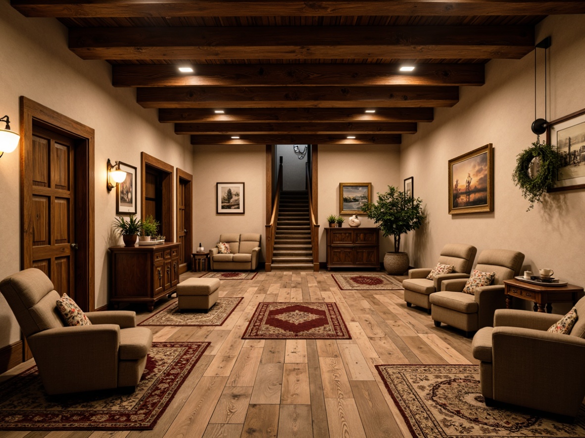 Prompt: Warm basement, traditional style, rustic wooden beams, vintage furniture, cozy atmosphere, warm beige walls, rich brown wood accents, plush area rugs, distressed wooden flooring, herringbone pattern, reclaimed wood planks, natural stone tiles, warm lighting, soft shadows, 1/1 composition, realistic textures, ambient occlusion.