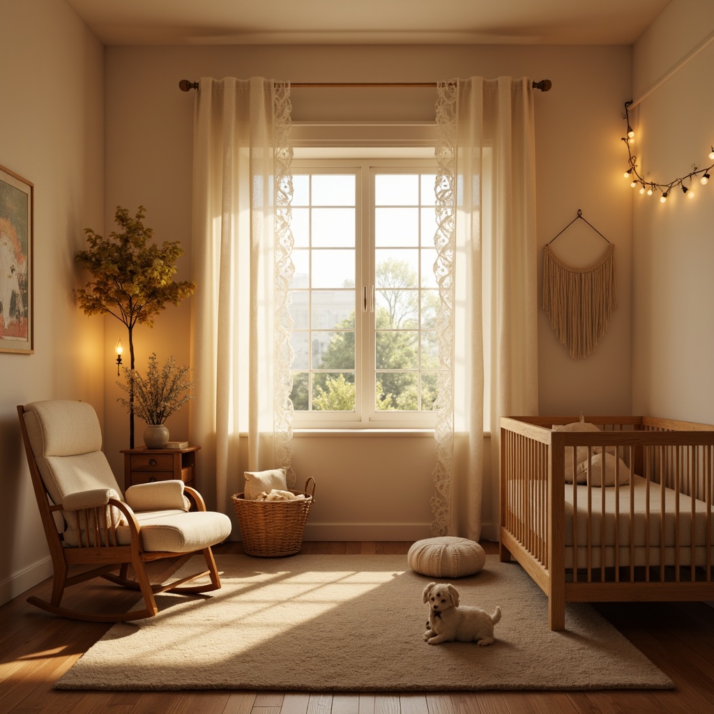 Prompt: Cozy baby room, soft warm glow, gentle candlelight, string lights, cream-colored walls, plush area rug, wooden crib, pastel-colored fabrics, delicate lace curtains, comfortable glider chair, warm beige carpet, soothing color palette, natural textures, subtle shadows, warm golden lighting, 1/2 composition, intimate atmosphere, realistic fabrics, ambient occlusion.