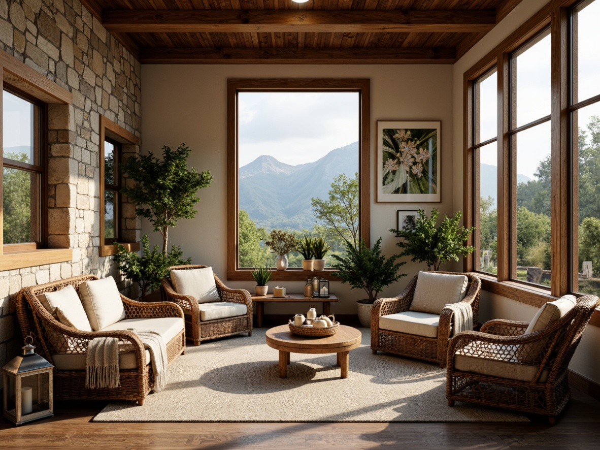 Prompt: Rustic sunroom, natural stone walls, wooden beams, earthy color palette, plush throw blankets, woven wicker furniture, distressed wood accents, vintage metal lanterns, potted plants, botanical prints, soft warm lighting, cozy reading nooks, oversized windows, panoramic views, mountainous landscape, serene atmosphere, 3/4 composition, shallow depth of field, realistic textures, ambient occlusion.